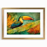 Tropical birds wall art collection framed in gold with a white mat, showcasing vibrant colors and intricate details, perfect for enhancing home decor.