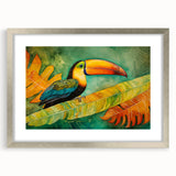 Elegant silver-framed wall art featuring vibrant tropical birds design, perfect for adding a touch of nature to any decor. Ideal for enhancing living spaces with color.