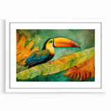 Tropical birds wall art collection framed in white, showcasing vibrant, colorful bird designs against a soft, neutral background, ideal for home decor.