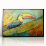 Framed tropical bird wall art design showcasing vibrant colors and intricate details, displayed in a sleek black frame, ideal for modern decor.