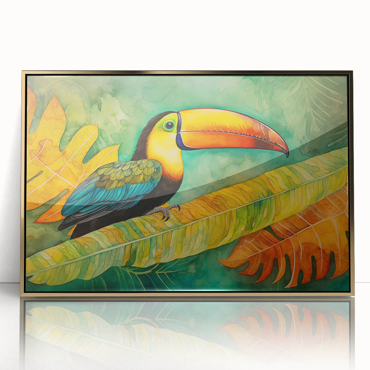 Framed tropical bird wall art collection featuring vibrant colors and intricate designs, accented with a gold frame, ideal for enhancing home decor.