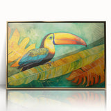 Framed tropical bird wall art collection featuring vibrant colors and intricate designs, accented with a gold frame, ideal for enhancing home decor.