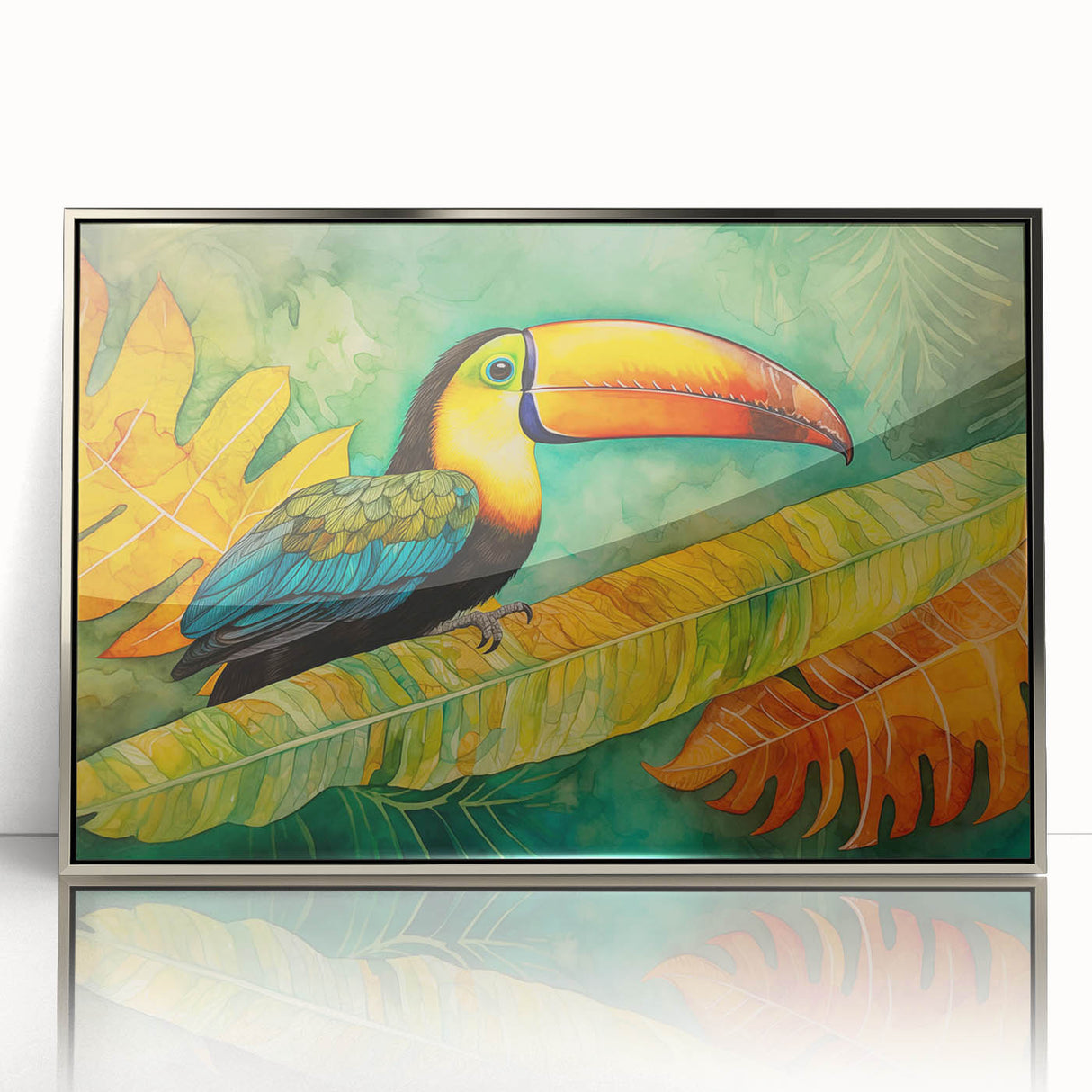 Framed wall art showcasing a vibrant tropical bird design with a silver acrylic frame, ideal for home decor. Perfect for adding a lively touch to any room.