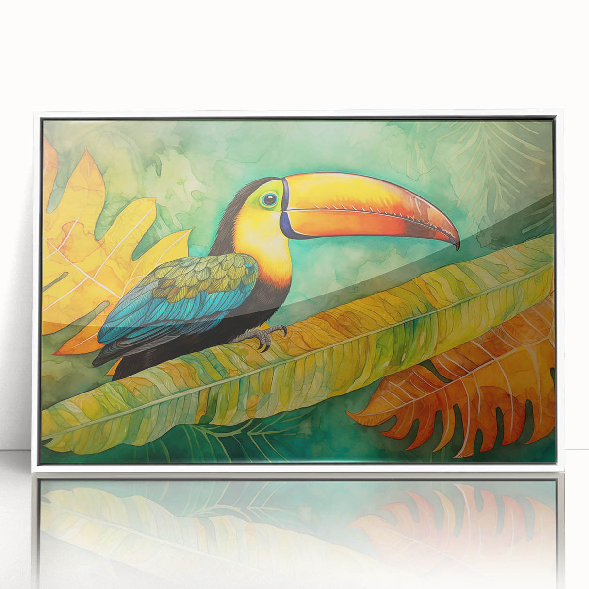 Framed wall art featuring a vibrant tropical bird design, showcasing colorful parakeets and foliage, displayed in a sleek white frame for modern decor.
