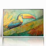 Framed wall art featuring a vibrant tropical bird design, showcasing colorful parakeets and foliage, displayed in a sleek white frame for modern decor.