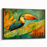Framed canvas wall art showcasing a colorful tropical bird design, featuring intricate details and vibrant hues, presented from a black side view for an elegant display.