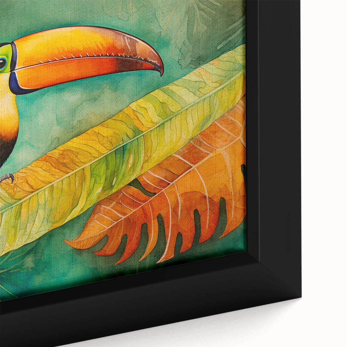 Close-up of a vibrant tropical birds wall art design, showcasing intricate details and colors, framed in a modern style, perfect for home decor.
