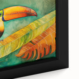 Close-up of a vibrant tropical birds wall art design, showcasing intricate details and colors, framed in a modern style, perfect for home decor.