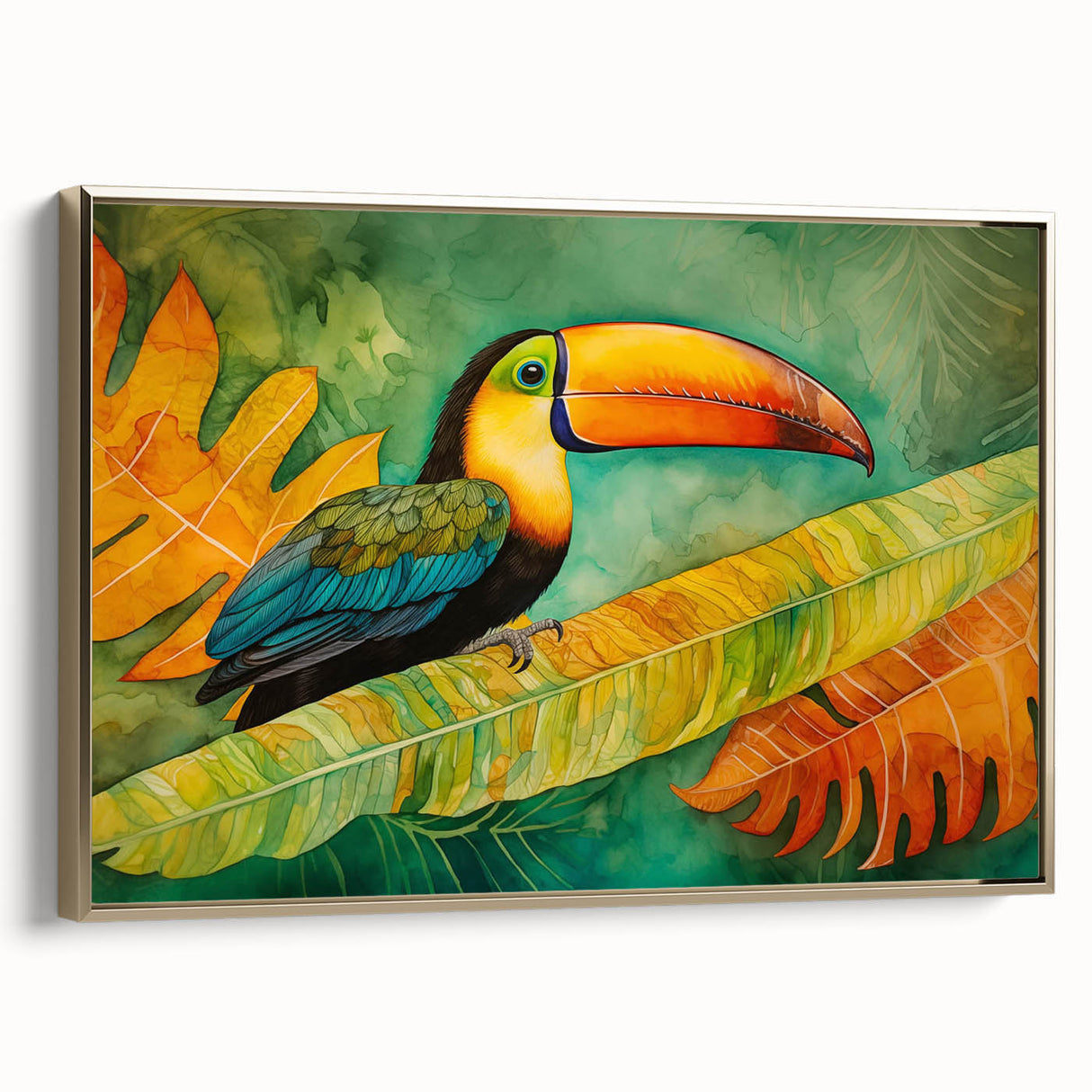 Framed canvas wall art showcasing a vibrant tropical bird design in gold hues, set against a lush green background, perfect for home decor enhancement.