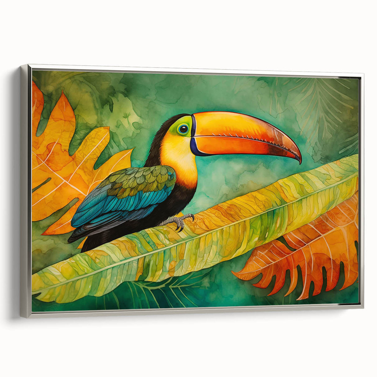 Framed canvas wall art showcasing vibrant tropical birds in vivid colors, displayed from the side, perfect for enhancing home decor with a nature-inspired theme.