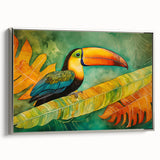 Framed canvas wall art showcasing vibrant tropical birds in vivid colors, displayed from the side, perfect for enhancing home decor with a nature-inspired theme.