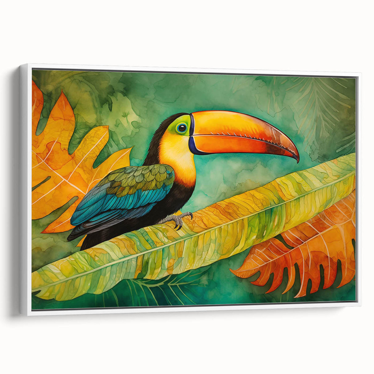 Tropical birds wall art collection featuring vibrant, colorful designs on a framed canvas, showcasing a white side view that enhances any decor.
