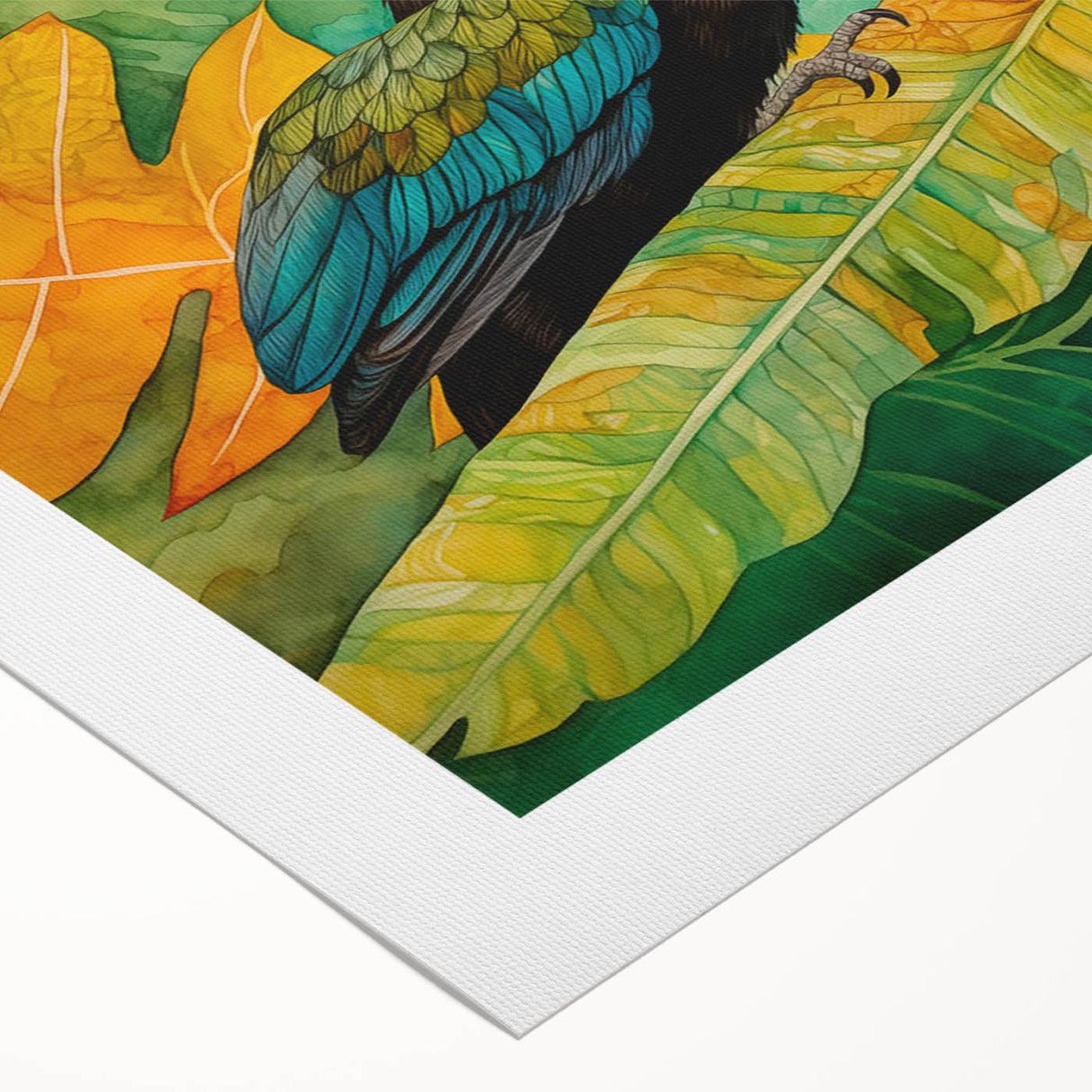 Colorful rolled canvas wall art showcasing a vibrant tropical bird design, featuring lush greens and bright hues, ideal for adding a lively touch to home decor.