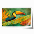 Vibrant tropical bird wall art print showcasing detailed illustrations of colorful parrots and exotic foliage, ideal for brightening up home decor.