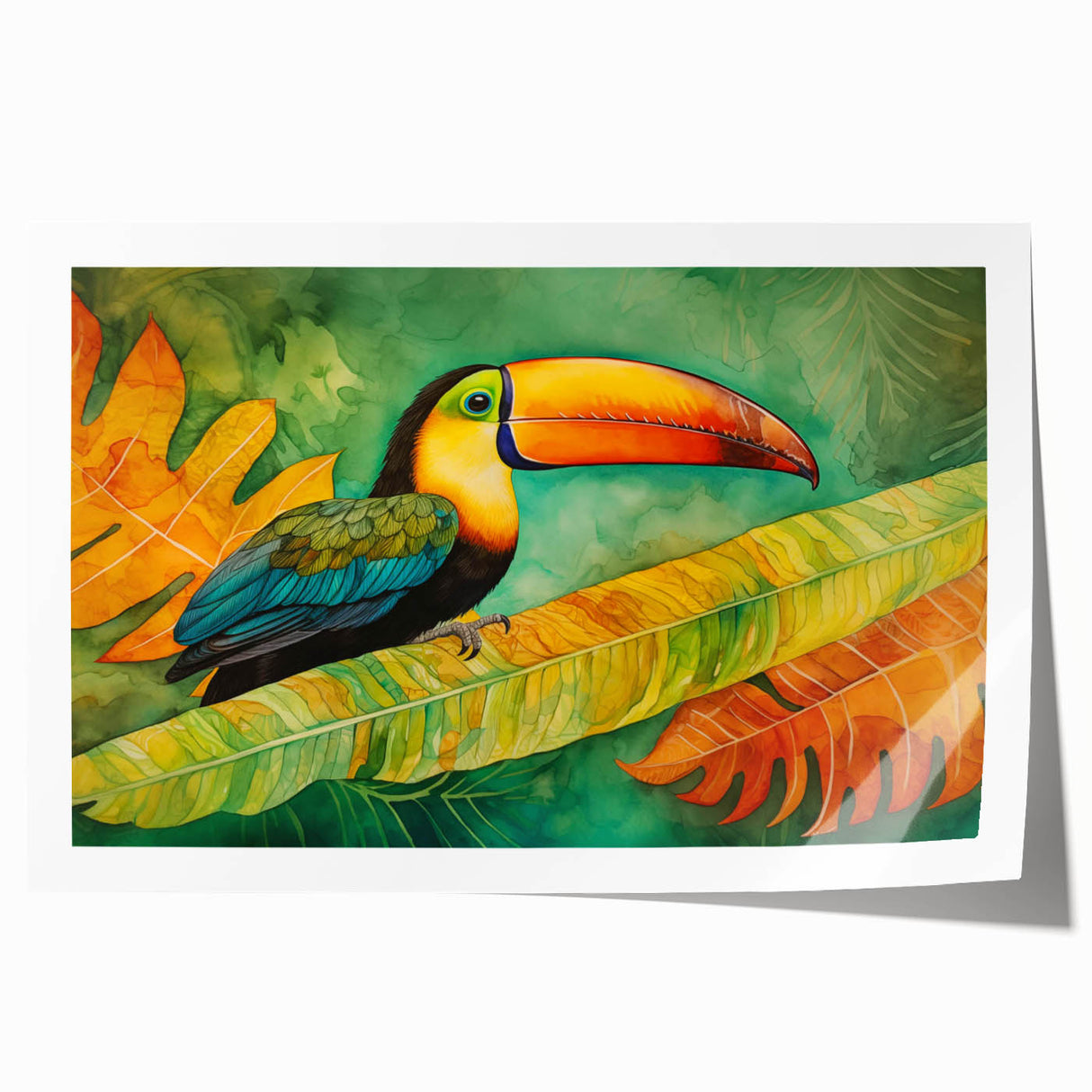 Vibrant tropical bird wall art print showcasing detailed illustrations of colorful parrots and exotic foliage, ideal for brightening up home decor.