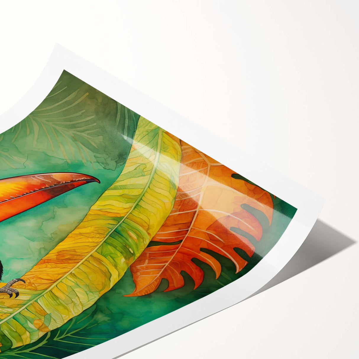 Vibrant tropical wall art print showcasing colorful birds perched on lush green foliage, ideal for enhancing home decor with a lively, nature-inspired aesthetic.