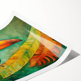 Vibrant tropical wall art print showcasing colorful birds perched on lush green foliage, ideal for enhancing home decor with a lively, nature-inspired aesthetic.