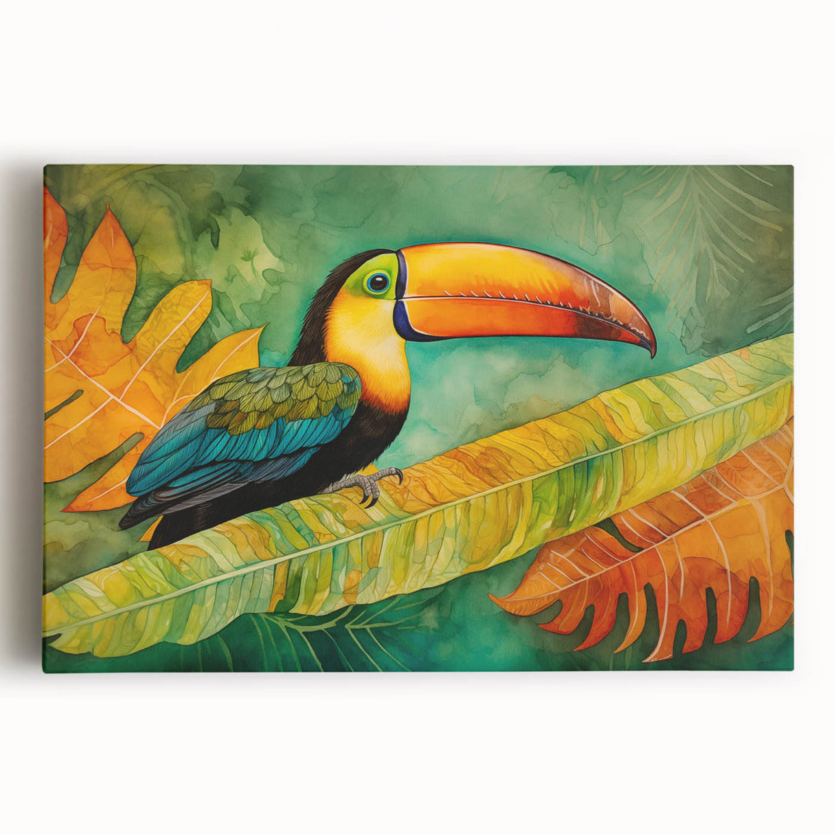Tropical birds wall art collection on stretched canvas, featuring vibrant colors and intricate designs, perfect for brightening any living space or gallery.