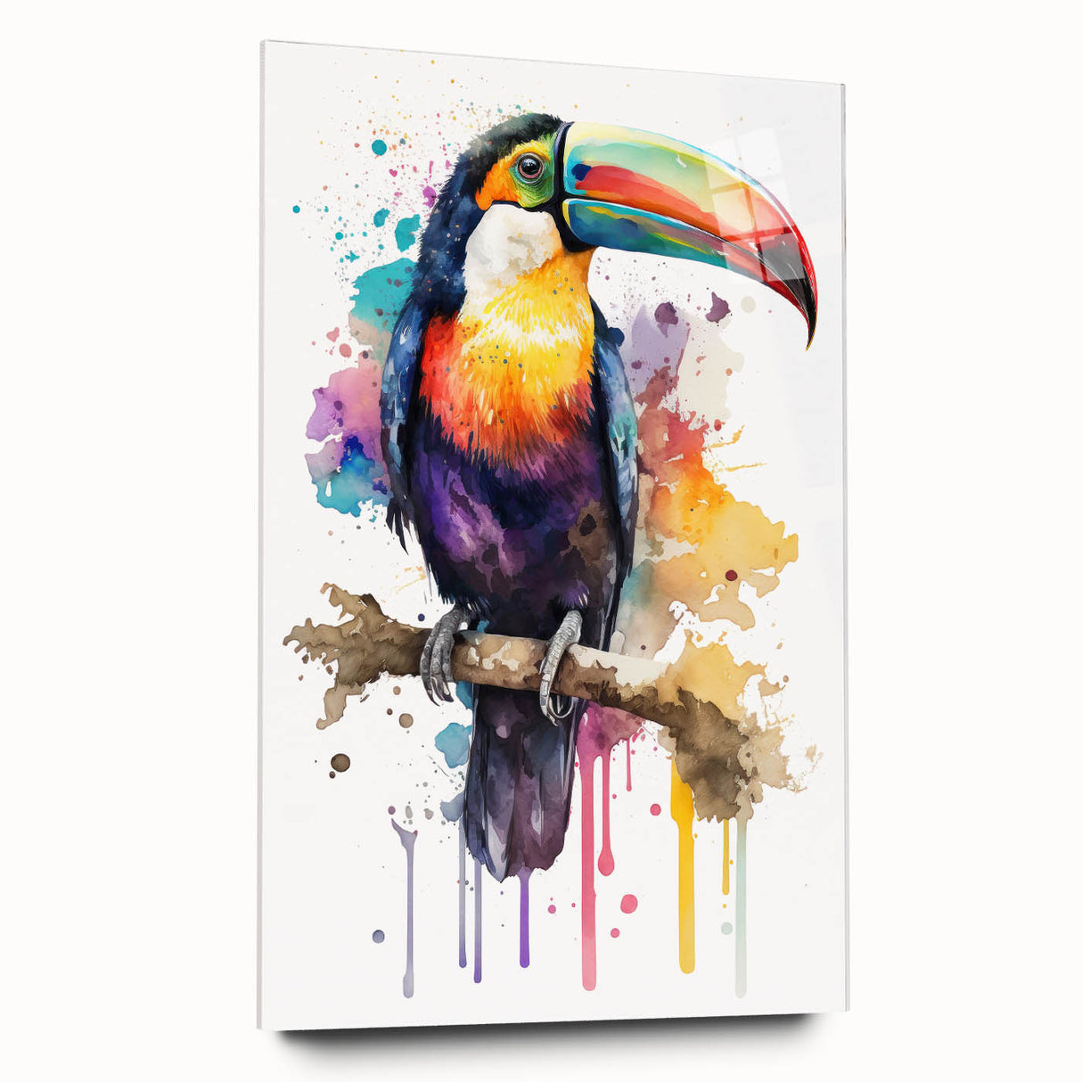 Tropical birds wall art design displayed in acrylic glass, showcasing vibrant colors and intricate details, perfect for enhancing any living space decor.