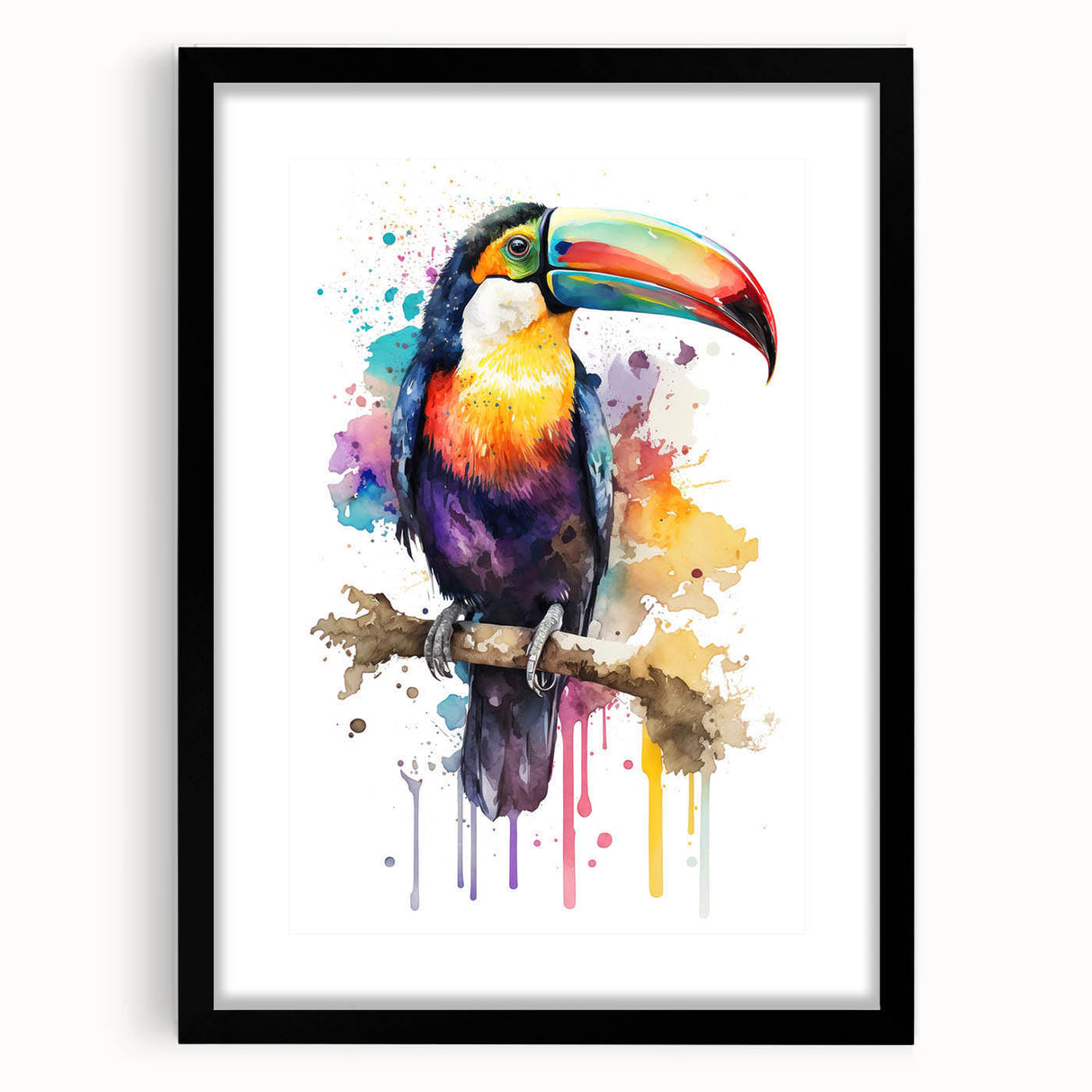 Tropical birds wall art collection framed in black with a mat, showcasing vibrant colors and intricate designs, perfect for enhancing home decor.