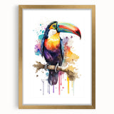 Tropical bird wall art design featuring vibrant colors in a gold frame with matting, ideal for home decor, showcasing exotic avian life in a stylish presentation.
