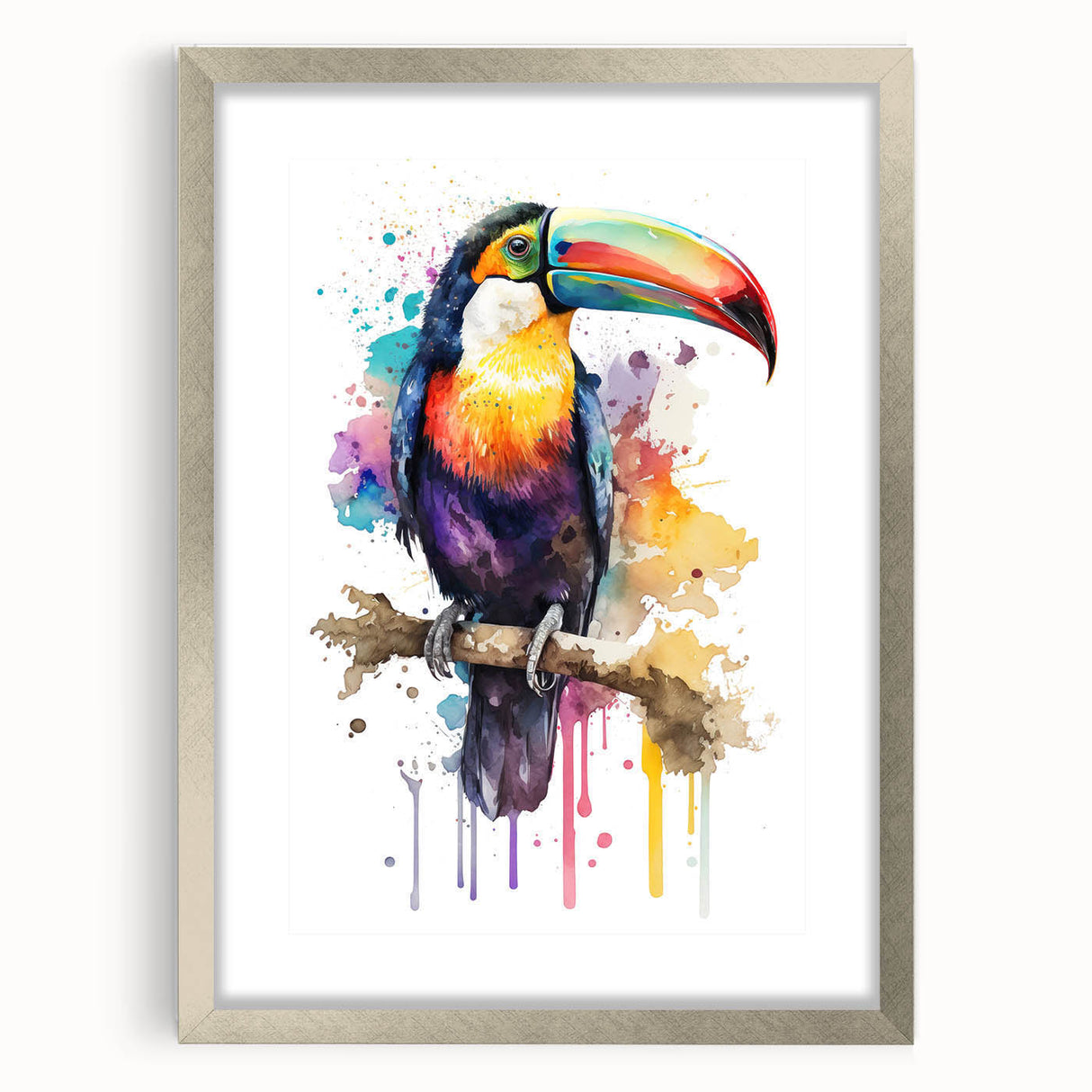 Framed tropical bird wall art print showcasing vibrant colors and intricate designs, displayed in a silver frame with a mat, perfect for home decor.
