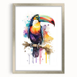Framed tropical bird wall art print showcasing vibrant colors and intricate designs, displayed in a silver frame with a mat, perfect for home decor.