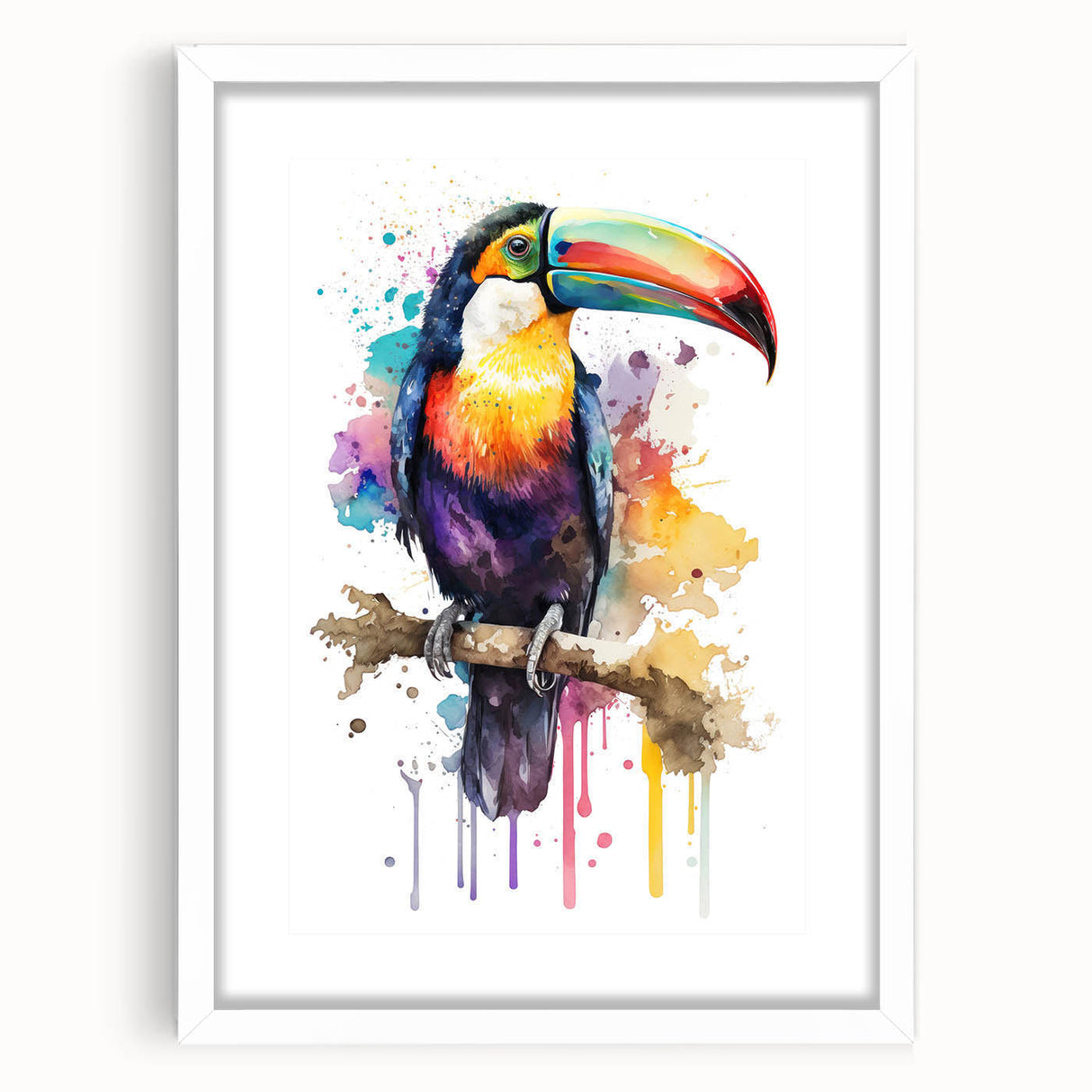 Tropical bird-themed wall art collection framed in white, showcasing vibrant colors and intricate designs, ideal for enhancing home decor with a nature-inspired aesthetic.