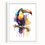 Tropical bird-themed wall art collection framed in white, showcasing vibrant colors and intricate designs, ideal for enhancing home decor with a nature-inspired aesthetic.