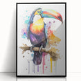 Framed tropical bird wall art showcasing vibrant colors and intricate designs, featuring a sleek black frame, ideal for enhancing modern home decor.
