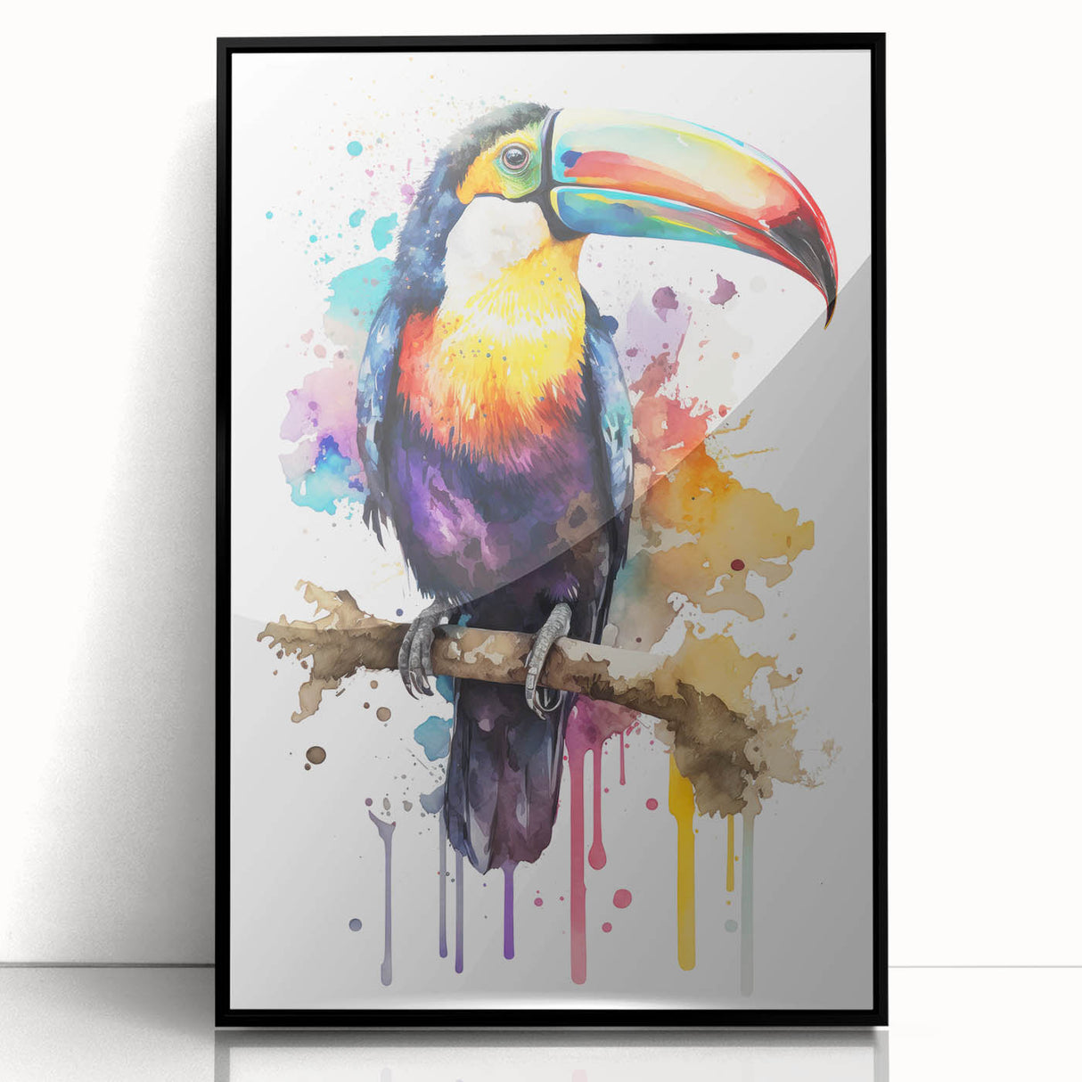 Framed tropical bird wall art showcasing vibrant colors and intricate designs, featuring a sleek black frame, ideal for enhancing modern home decor.