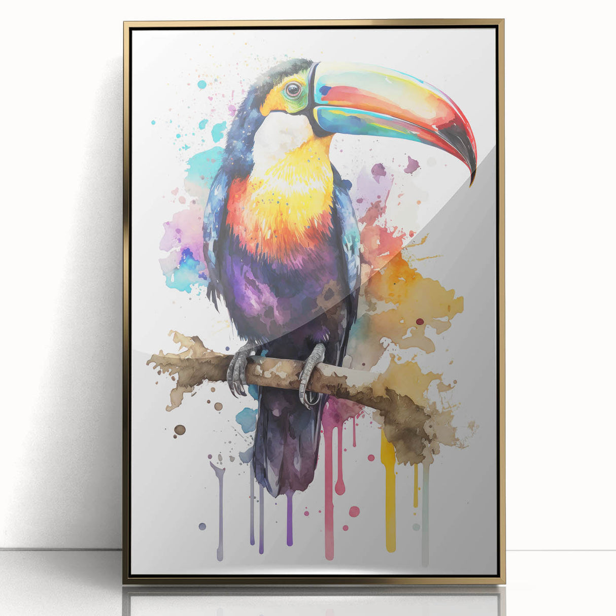 Framed tropical birds wall art design showcasing vibrant colors and intricate details, featuring a gold-acrylic finish that enhances any modern decor.