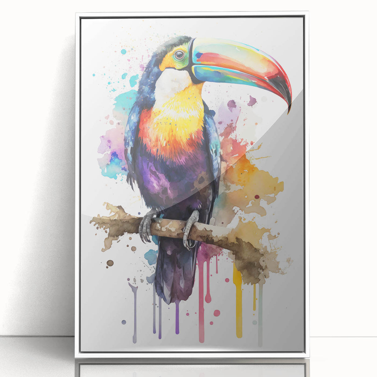 Framed tropical bird wall art collection showcasing vibrant colors and intricate designs, presented in an elegant white frame, perfect for home decor.