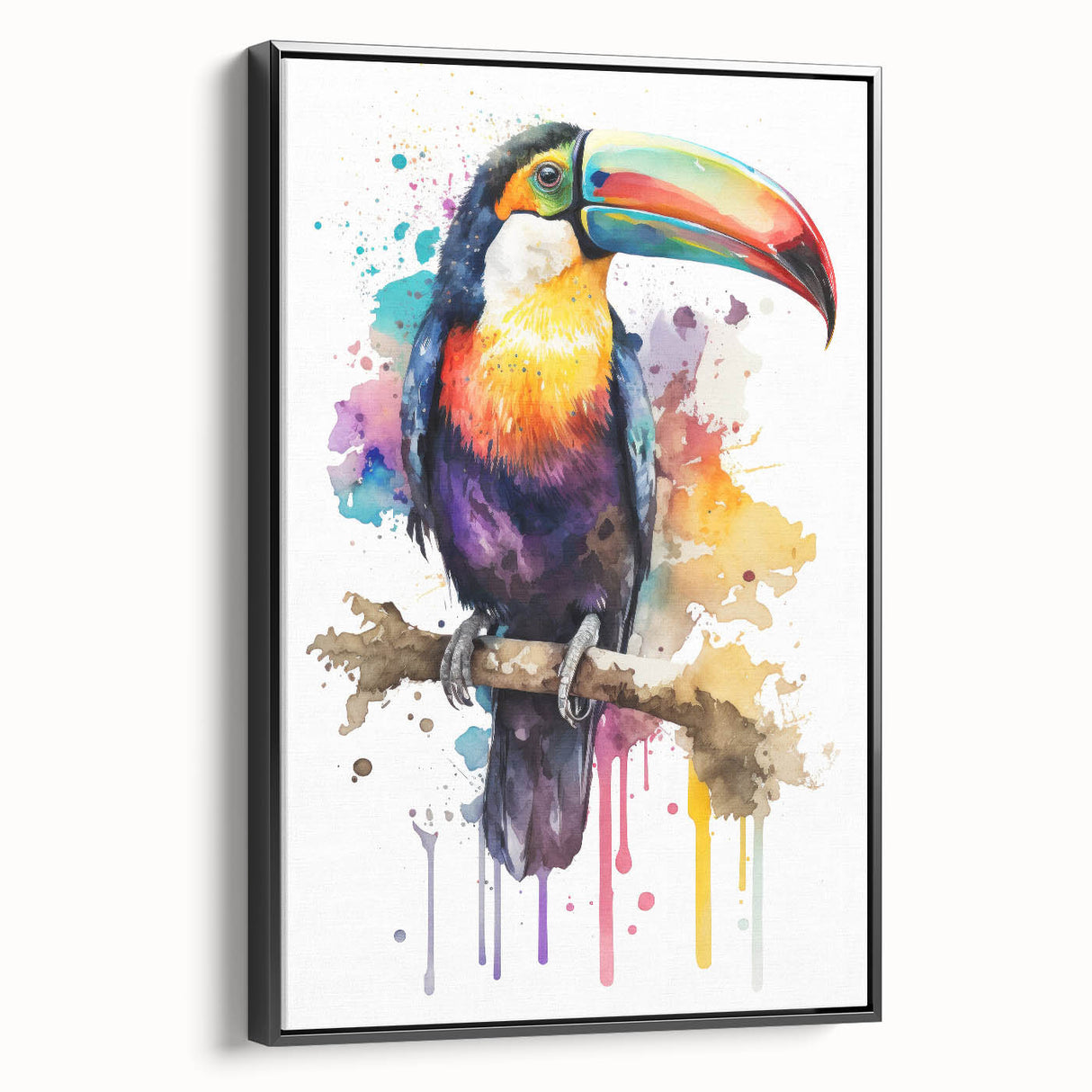 Framed canvas wall art showcasing a vibrant tropical birds design, featuring lush colors like green, blue, and yellow, perfect for adding a lively touch to any room.
