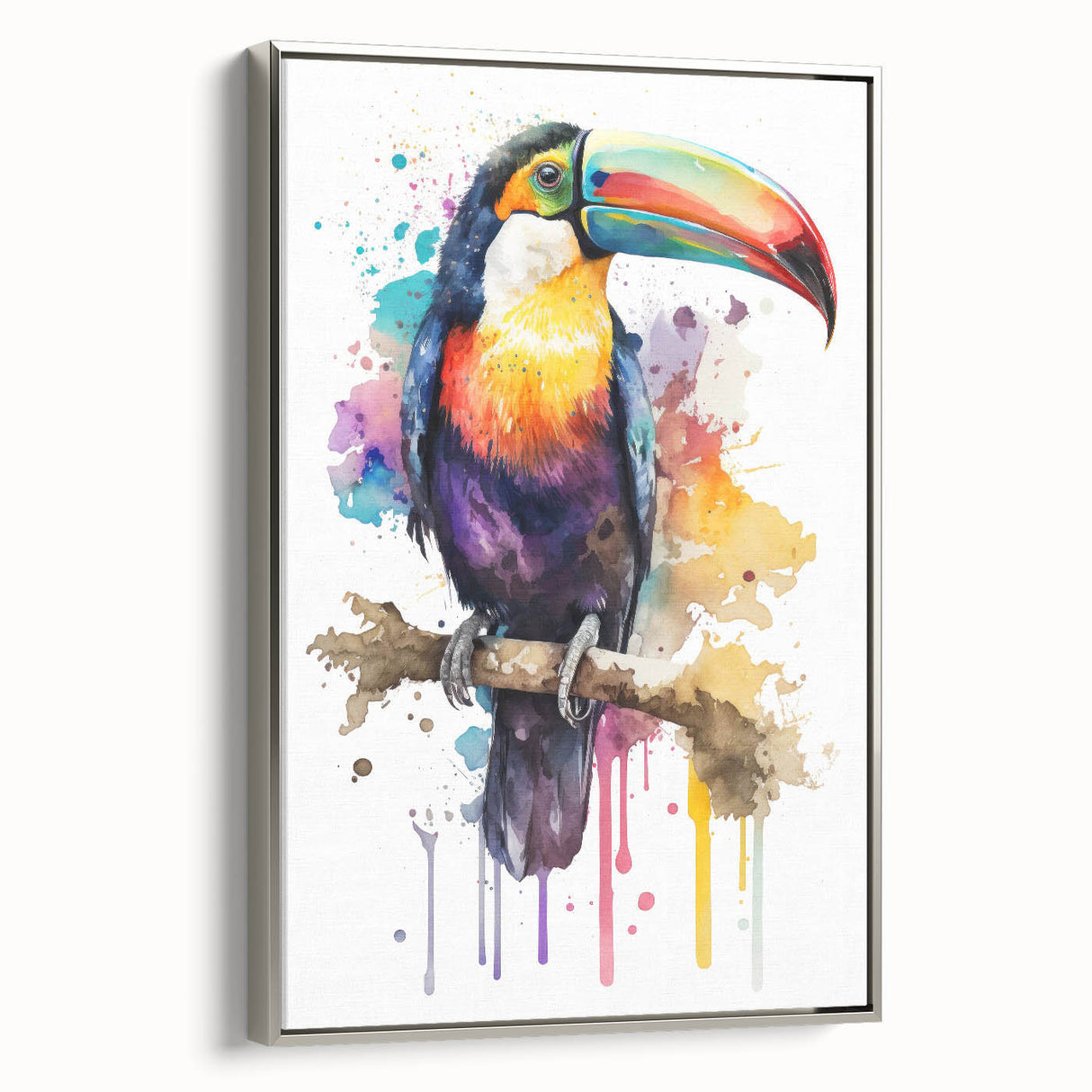 Framed canvas wall art depicting a vibrant tropical bird design with intricate details and a silver frame, perfect for enhancing home decor.
