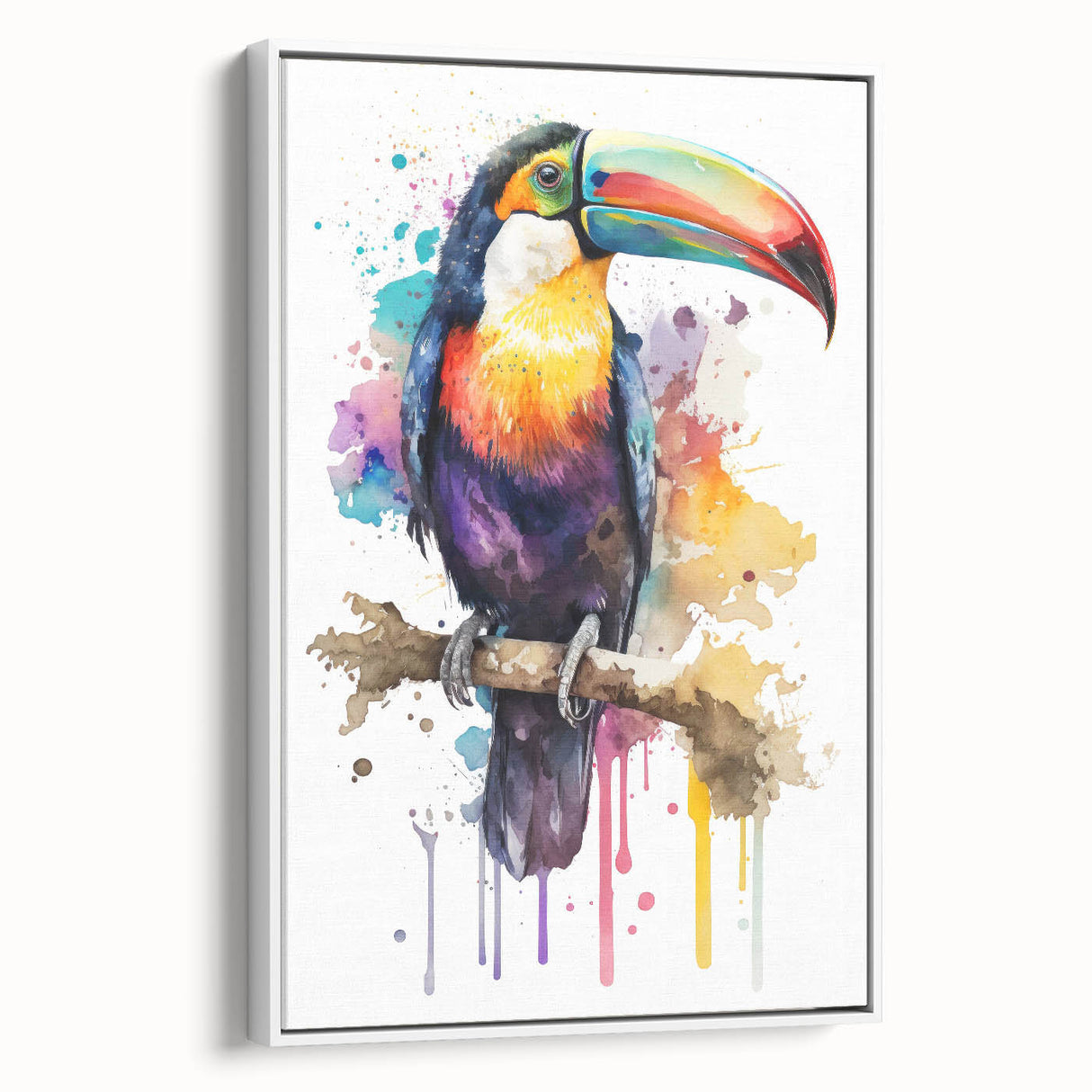 Framed canvas wall art featuring a vibrant tropical bird design with lush green leaves, showcased in a white frame from a side view, ideal for home decor.