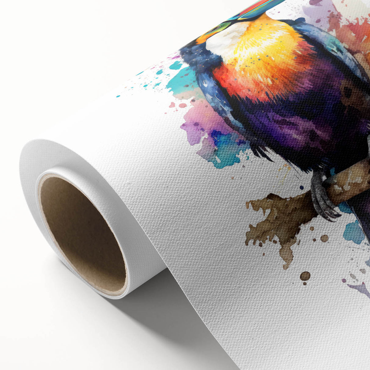 Tropical birds wall art design on rolled canvas, showcasing vibrant colors and intricate details, perfect for enhancing home decor with a nature-inspired theme.