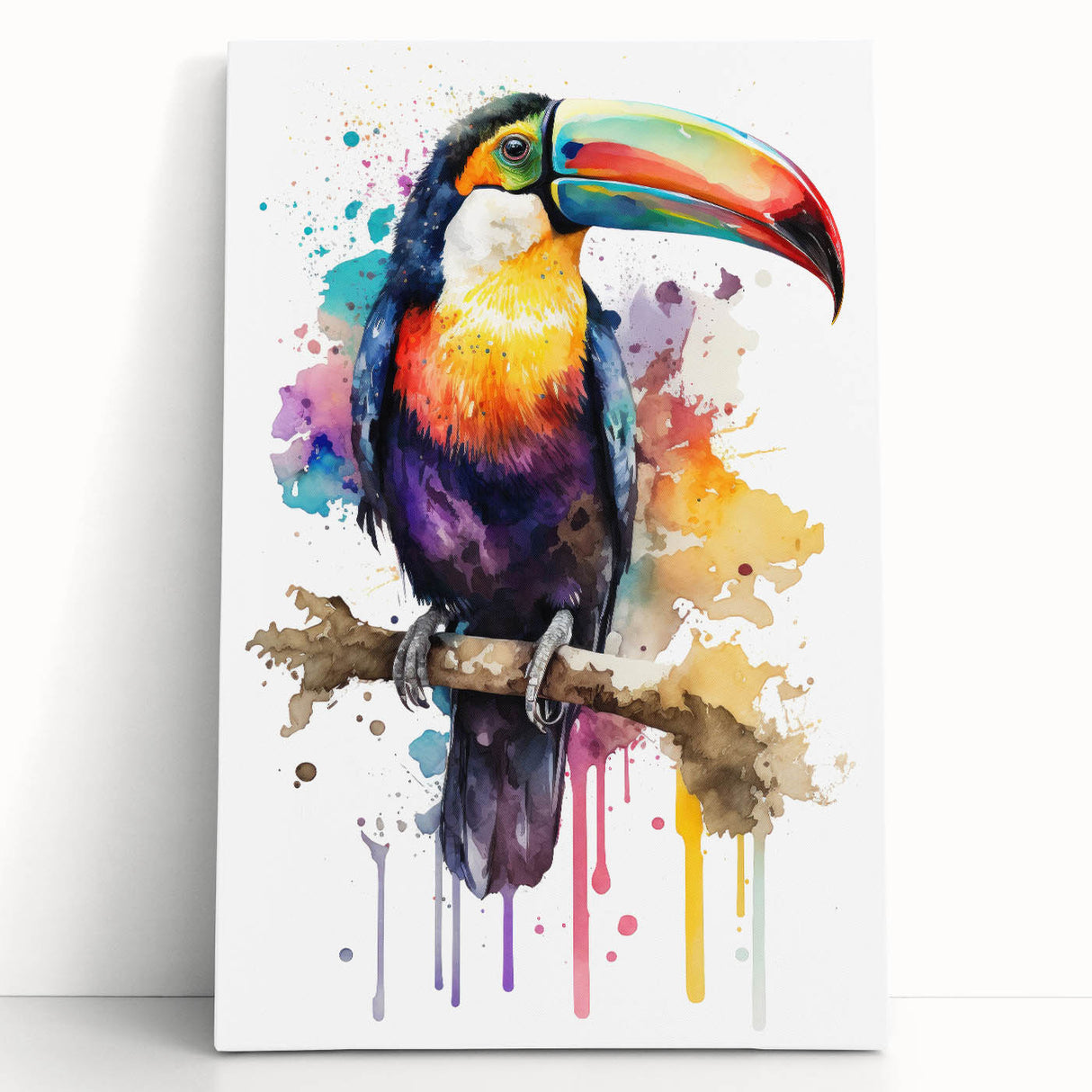 Vibrant tropical birds wall art on stretched canvas, showcasing a colorful design with lush foliage, perfect for enhancing home decor or office spaces. The artwork captures the essence of nature with intricate details and vivid colors, ideal for bird lovers and art enthusiasts.