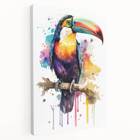 Tropical birds wall art design featuring vibrant colors in a stretched canvas format, showcasing a side view with detailed feather patterns and a modern aesthetic. Perfect for brightening up living spaces or adding a nature-inspired touch to home decor.