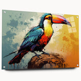 Vibrant tropical birds wall art collection displayed in an acrylic glass frame, showcasing a lively design with colorful feathers and intricate details, perfect for home decor.