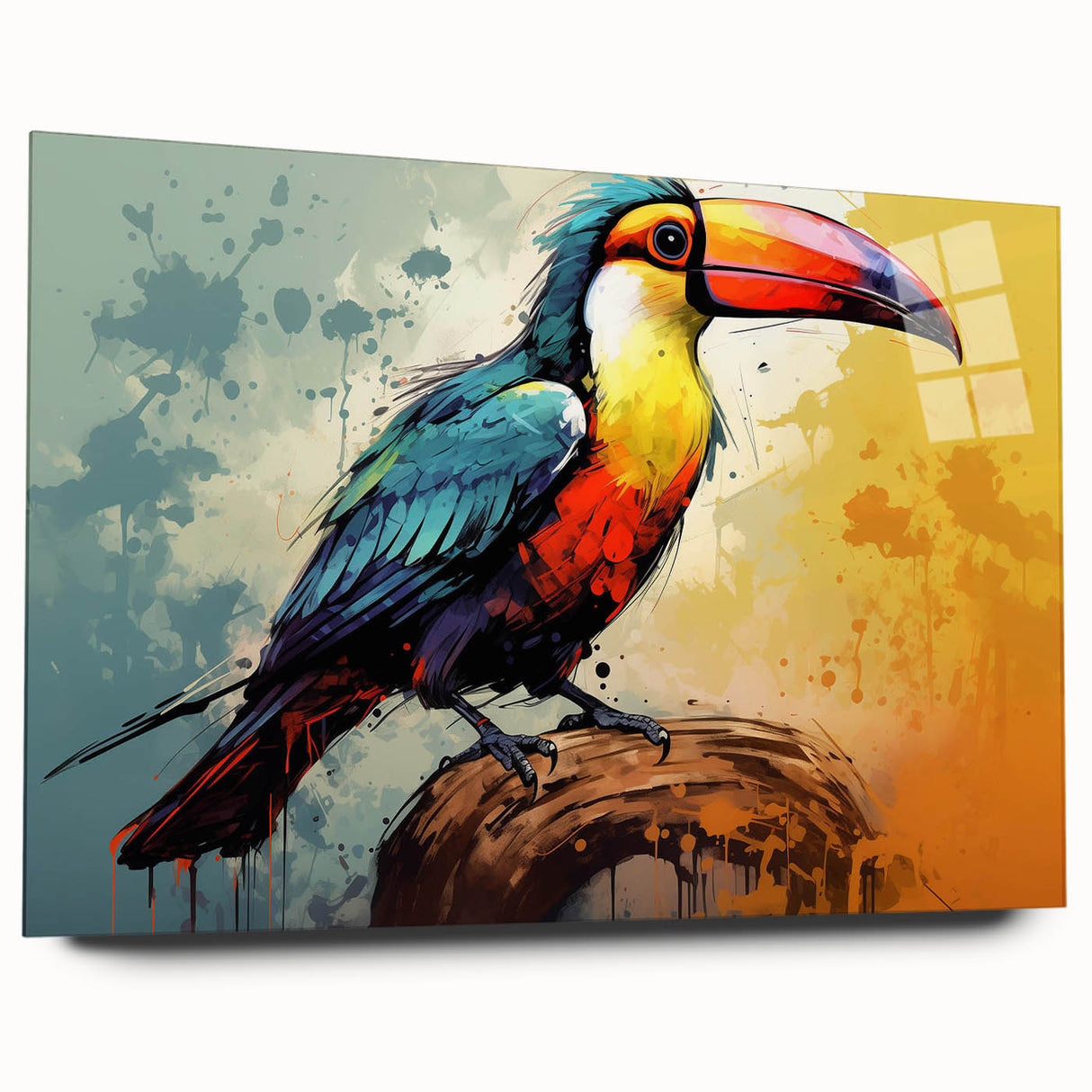 Tropical birds wall art collection displayed in a sleek acrylic frame, showcasing vibrant colors and intricate designs, perfect for enhancing modern decor.