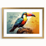 Tropical birds wall art collection featuring vibrant colors and intricate designs, elegantly framed with a gold finish. Ideal for enhancing modern decor.