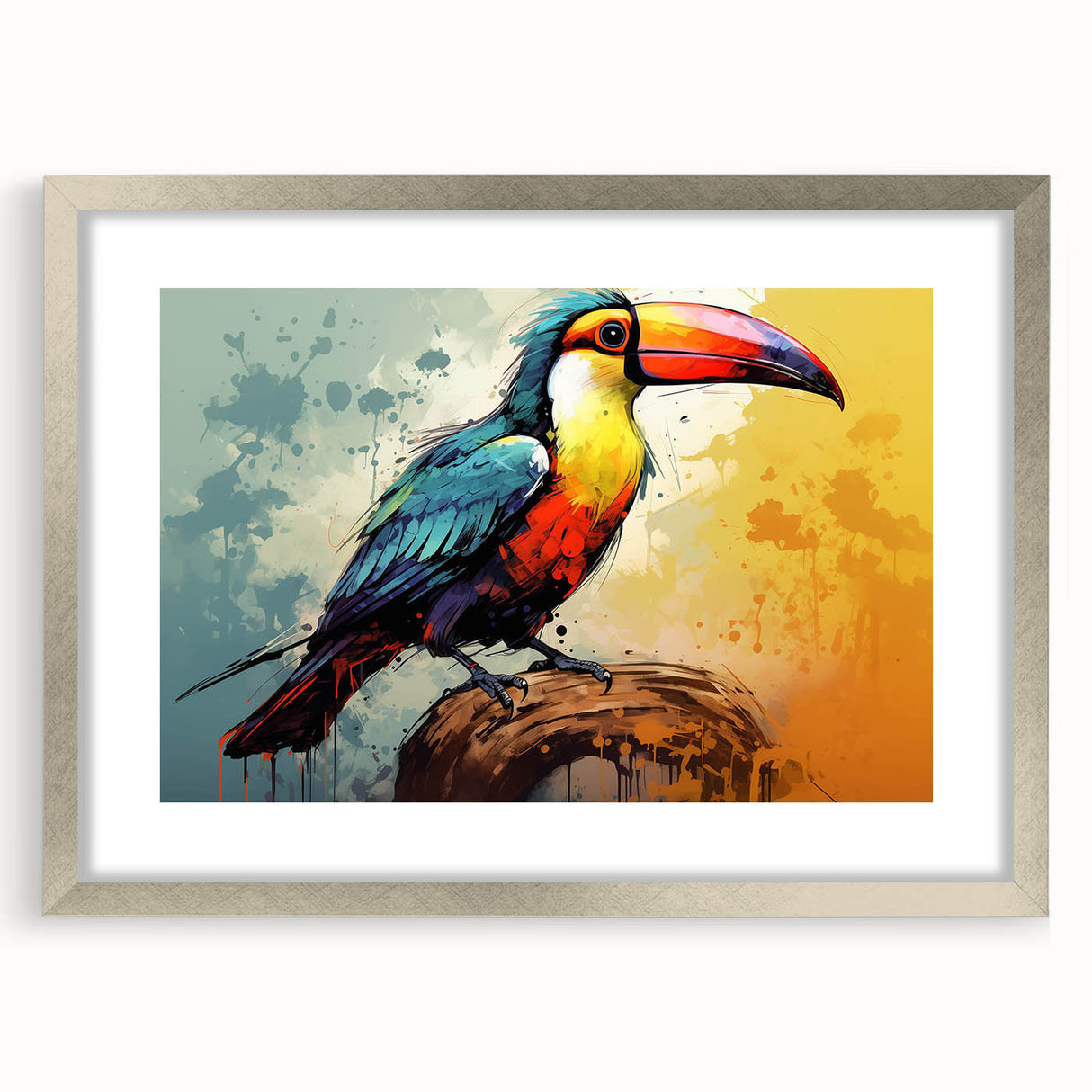 Tropical bird-themed wall art collection framed in silver, showcasing vibrant colors and intricate designs, perfect for enhancing home decor.