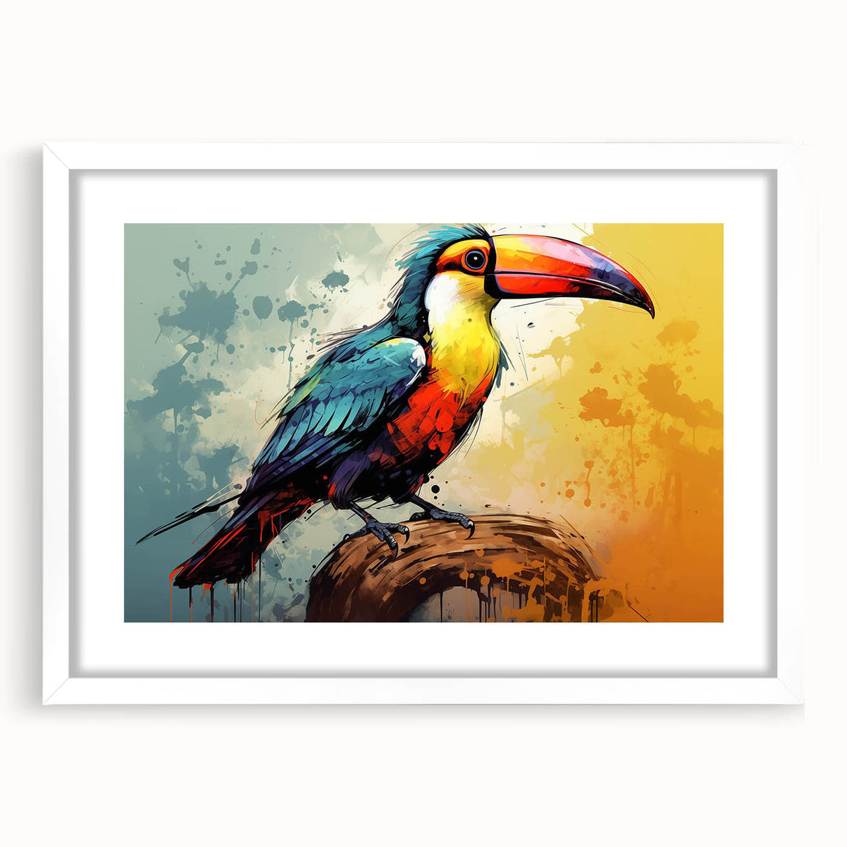 Tropical birds wall art collection framed in white mat, showcasing vibrant colors and intricate designs, ideal for enhancing home decor with a nature theme.