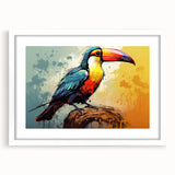 Tropical birds wall art collection framed in white mat, showcasing vibrant colors and intricate designs, ideal for enhancing home decor with a nature theme.