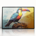 Framed tropical bird wall art featuring vibrant colors and intricate designs, showcasing a black frame for a stylish home décor accent. Ideal for nature lovers.