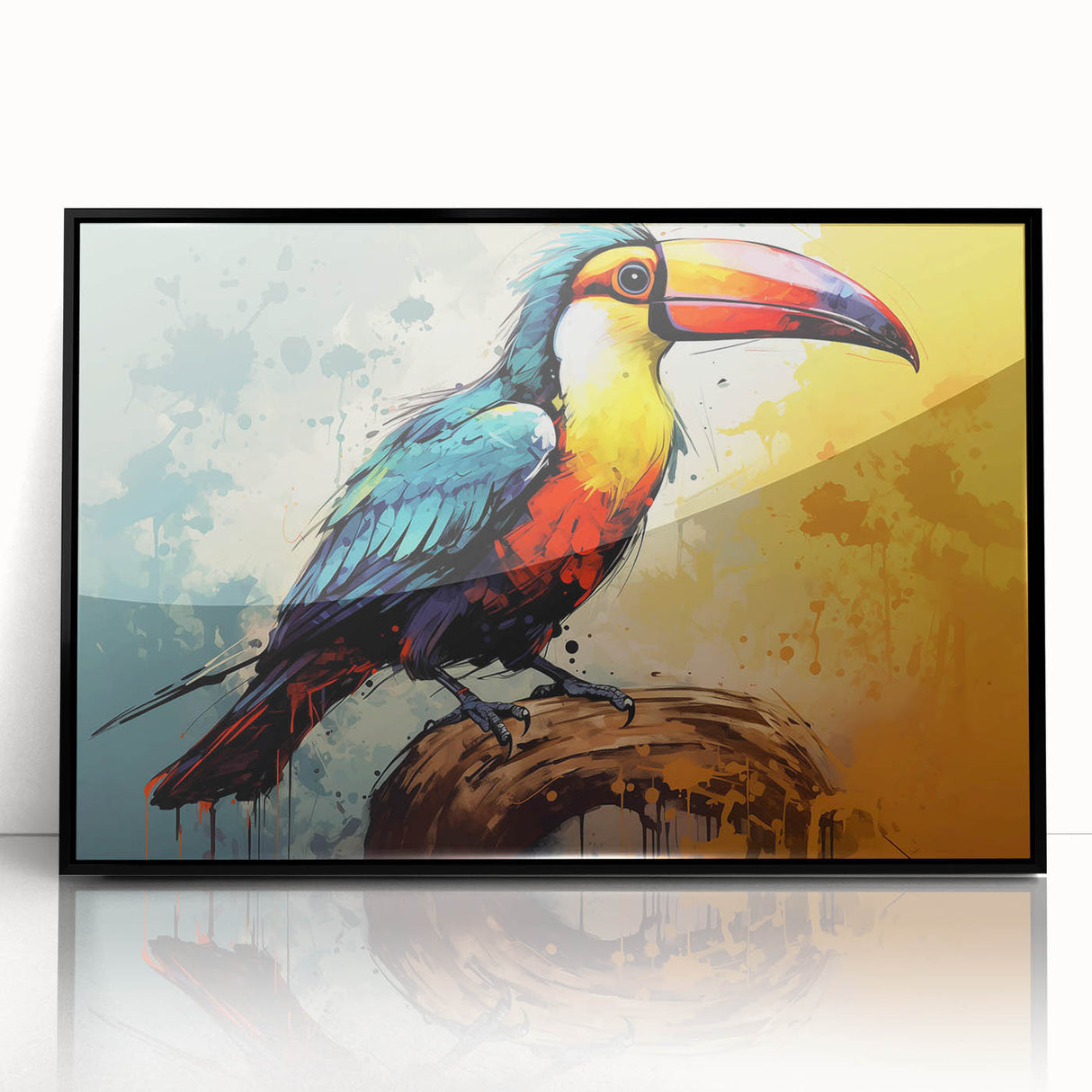 Framed tropical bird wall art featuring vibrant colors and intricate designs, showcasing a black frame for a stylish home décor accent. Ideal for nature lovers.