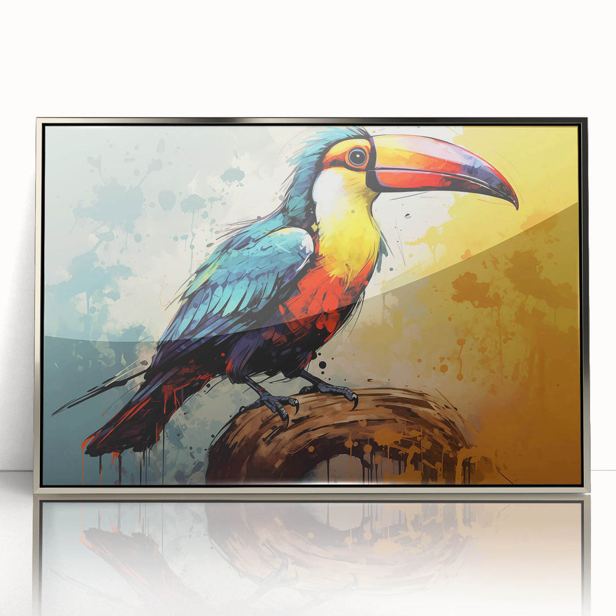 Framed tropical bird wall art collection featuring vibrant colors and intricate designs, displayed in a sleek silver frame, ideal for enhancing modern home decor.