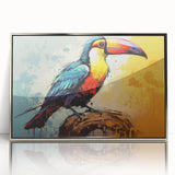 Framed tropical bird wall art collection featuring vibrant colors and intricate designs, displayed in a sleek silver frame, ideal for enhancing modern home decor.