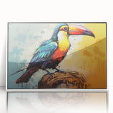 Framed wall art showcasing a vibrant tropical bird design, featuring bright colors and intricate details, perfect for enhancing home decor and adding a lively touch.